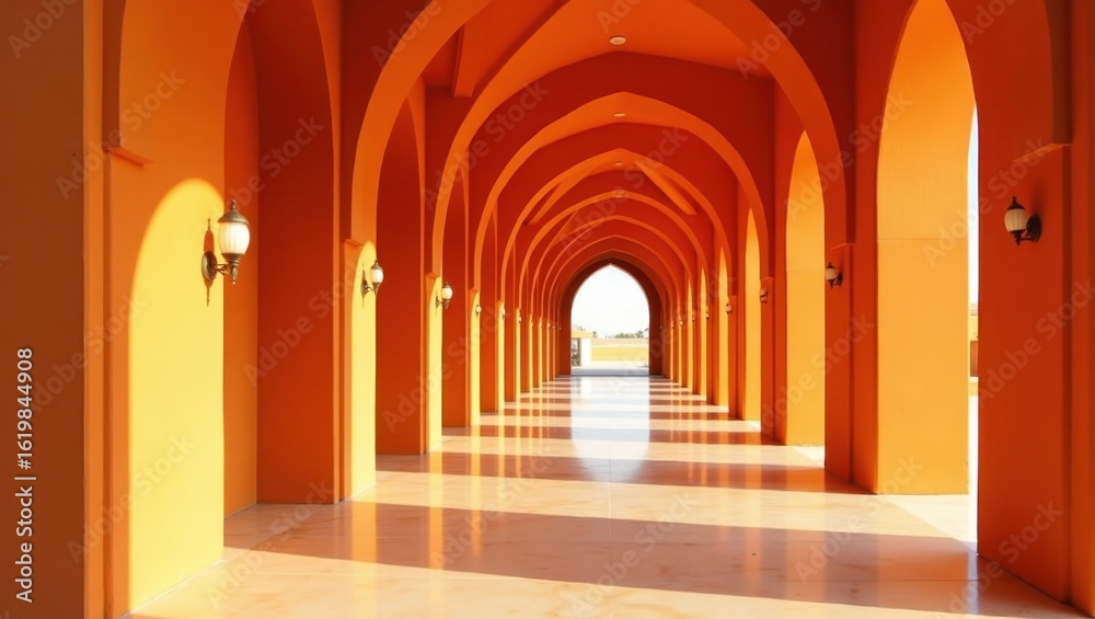 Fototapeta premium Orange arched passageway with light fixtures.