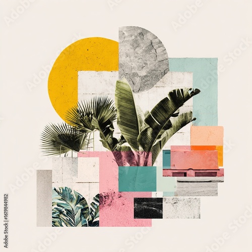 Tropical plants growing near concrete wall in abstract collage
