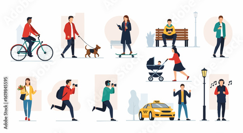 City Park Scene with People and Vehicles