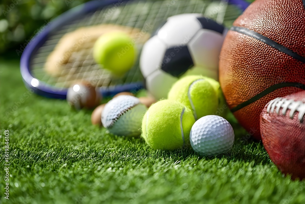  Various sports balls on green grass, tennis racket in the background.