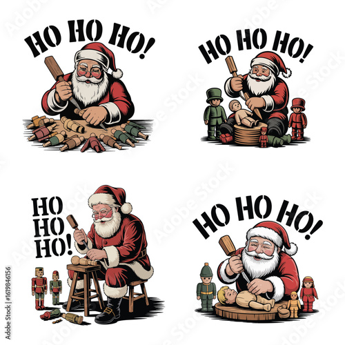 Santa carving wooden toys with helpers Santa Claus