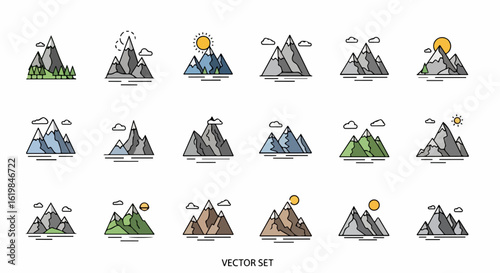 Mountain landscape icons collection for travel and nature themes