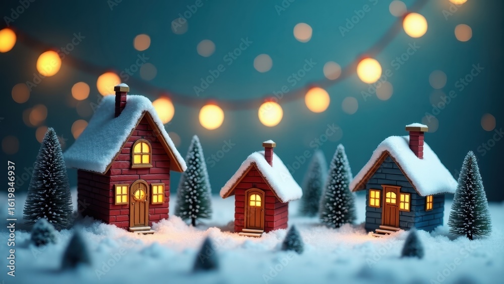 Fototapeta premium Miniature winter houses nestled in snow, lit by warm light.