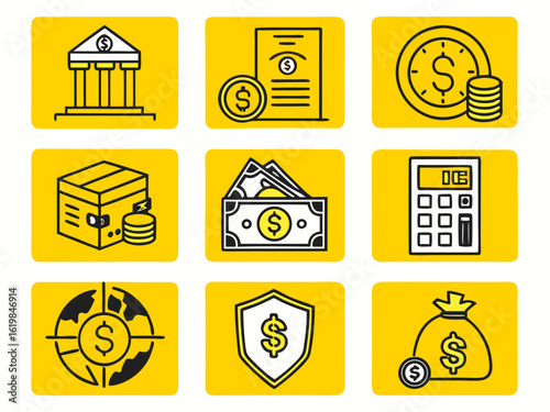 A set of business and finance icons, icons, set of icons, icons are in a grid, minimalism, elements, icon