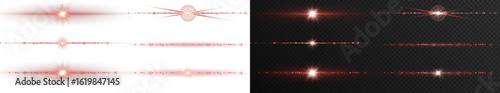 Horizontal red light glow with sparkles and flare effect on transparent background. Neon red line stripe for decoration, transitions or abstract motion effects in digital design.