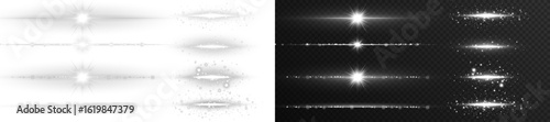 Set of white light streaks and glowing beams. Horizontal transparent light flares with subtle sparkles, ideal for visual effects in motion design or web elements.