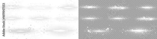 Clean white horizontal glow lines with magic sparkles. Transparent neon beam dividers for elegant visuals, modern banners, or cinematic light overlays.