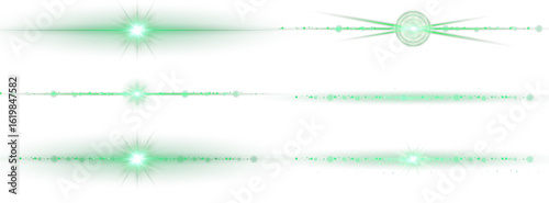 Green light rays and shimmering lines on transparent background. Decorative horizontal flare set for graphic projects, presentations, or motion graphics.