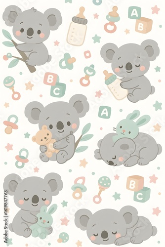 Kawaii Baby Koala and Toy Pattern – Seamless Pastel Kids Design