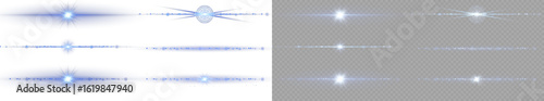 Blue neon light trails with sparkle and glow effect on transparent background. Horizontal electric streaks for UI, motion graphics, banners and sci-fi design. Vector glowing dividers.