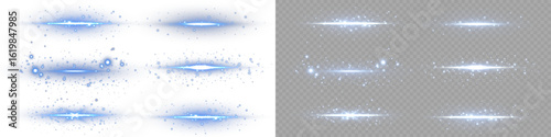 Blue neon light trails with sparkle and glow effect on transparent background. Horizontal electric streaks for UI, motion graphics, banners and sci-fi design. Vector glowing dividers.