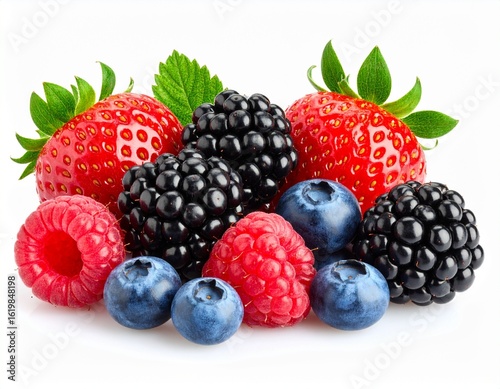 A colorful mix of strawberries, blackberries, raspberries, and blueberries on a clean white background