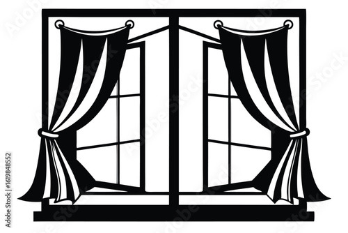 Open Window Frame with Elegant Curtains Tied Back, Black Silhouette Illustration