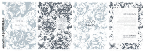 Luxe invite template, premium vector background pattern for wedding, bachelorette party, gift certificate, corporate letterhead, award. Peony flower on white background. Floral cover, frame design set