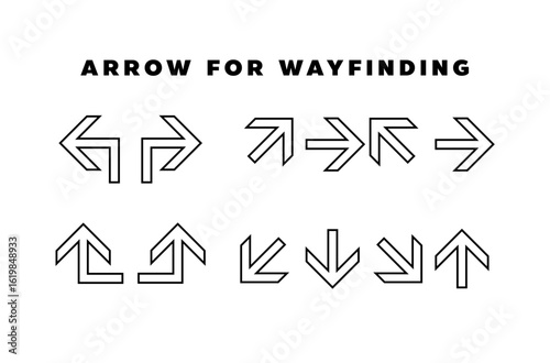 A set of directional arrows designed for wayfinding and signage in architectural and commercial contexts. Clean, minimal, and scalable for use in CAD drawings, pylon signage, outdoor maps, and navigat