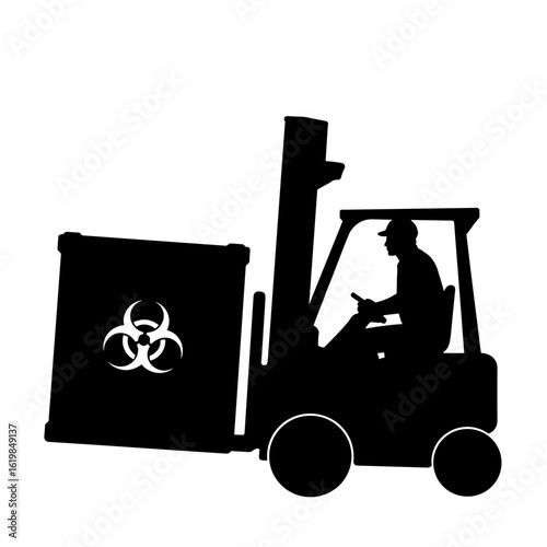 Silhouette of forklift lifting biohazard crate – Safe waste management logistics