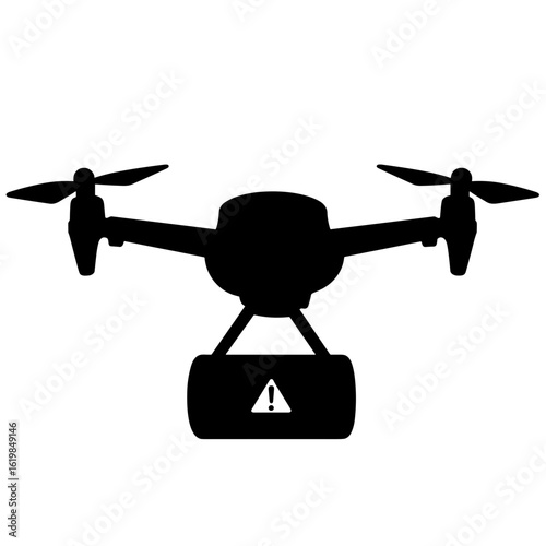 Silhouette of drone carrying canister with warning symbol, aerial transport