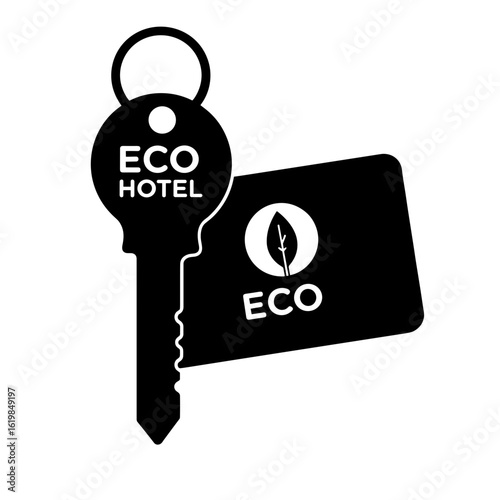 Eco hotel key card and key – Sustainable branding message, guest reminder