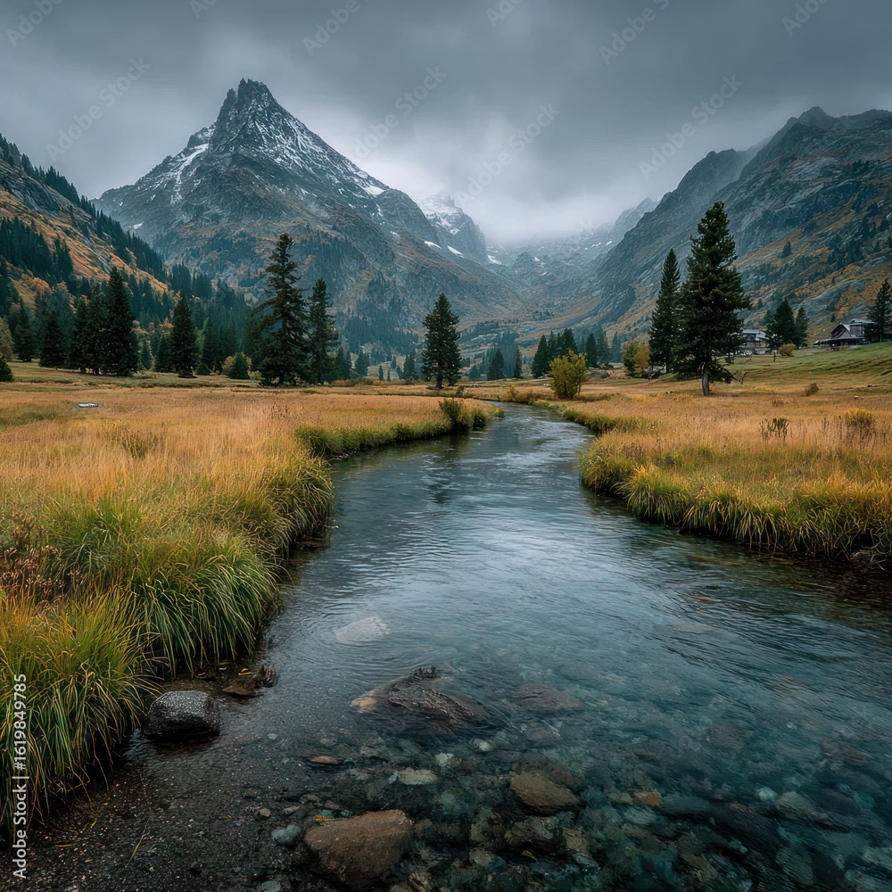 Obraz premium Serene mountain stream flows through autumnal valley