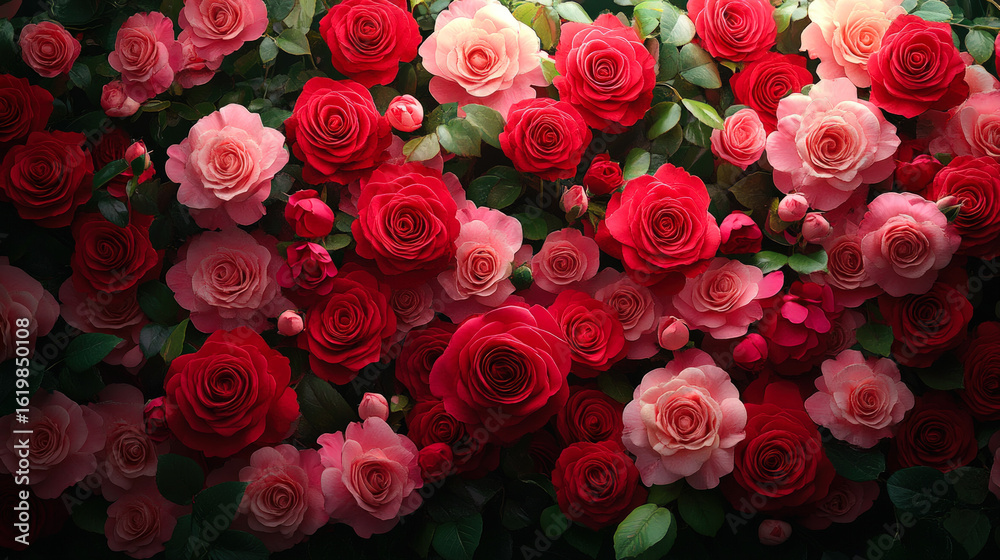 Naklejka premium Beautiful arrangement of pink and red roses in full bloom, creating a romantic and vibrant floral background filled with natural elegance and charm. 