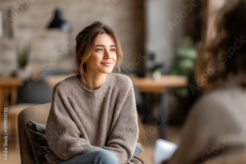 Smiling young woman in therapy session, seeking mental wellness support in a modern office