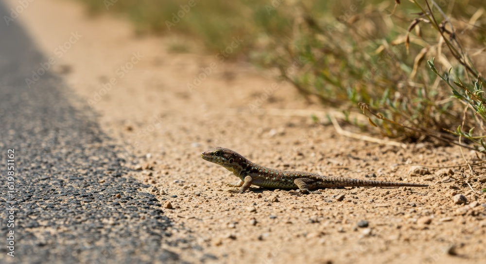 Naklejka premium Lizard on a desert roadside: nature's calm meets dangerous terrain