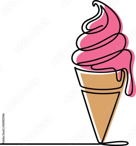 Continuous Line Drawing Vector of a Pink Soft-Serve Ice Cream Cone, a Modern and Minimalist Summer Dessert Illustration