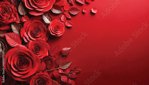 3D paper art background featuring red roses and leaves, set on a red color themed backdrop isolated on red background illustration