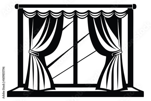 Black and White Window Illustration with Curtains and Pelmet Decoration Elements Vector Image