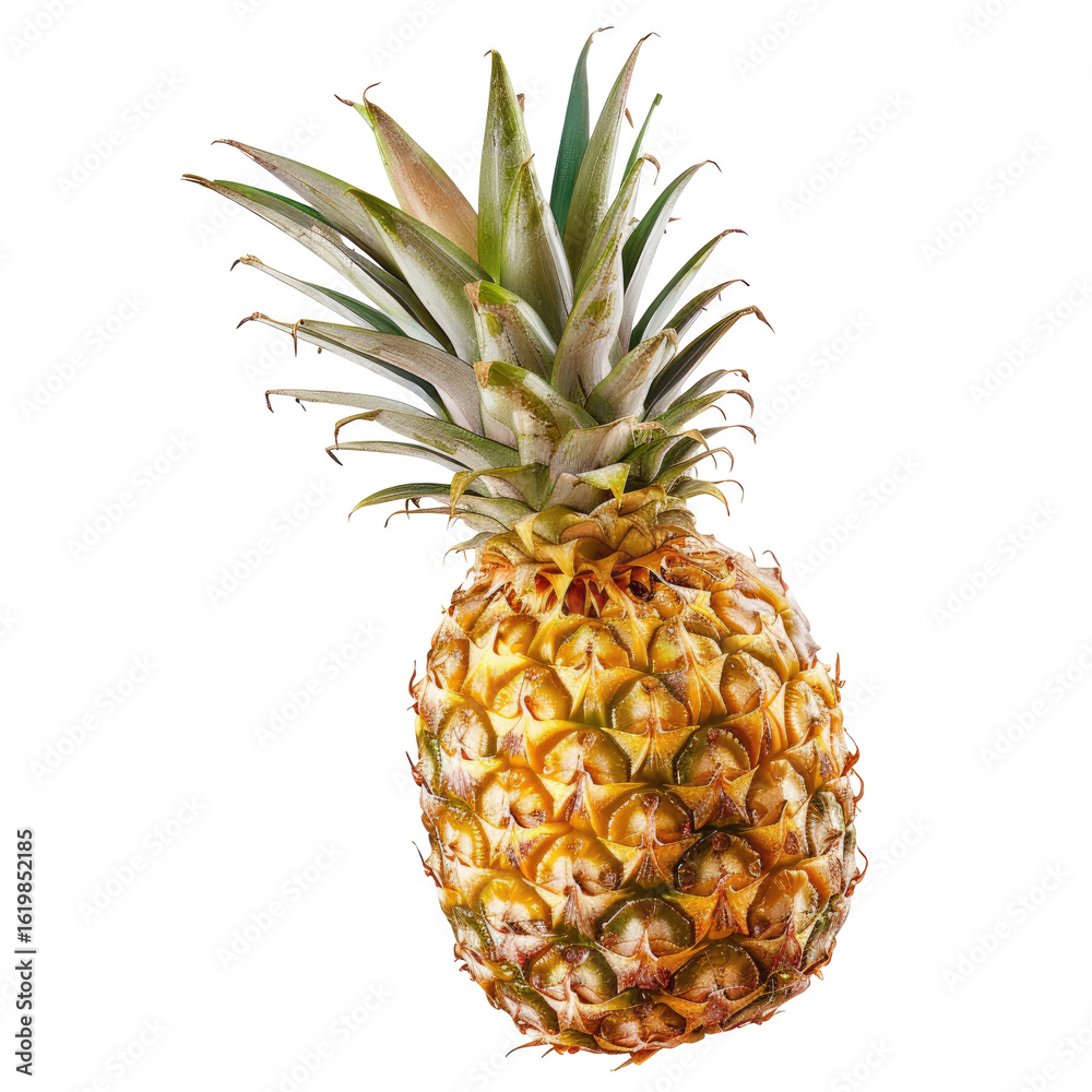 Fototapeta premium Fresh pineapple, golden-yellow skin, green leaves