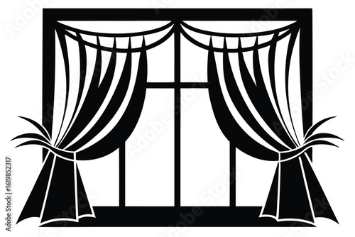 Black Silhouette of Curtained Window with Drapes, Cords, and Sill Detail Illustrating Home Decor