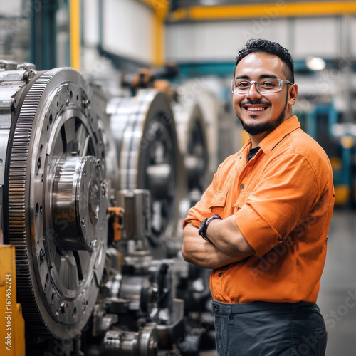 Portrait of factory worker. Young handsome factory worker.