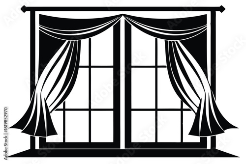 Window Frame with Drapes Stylized Black and White Home Decor Illustration or Symbol