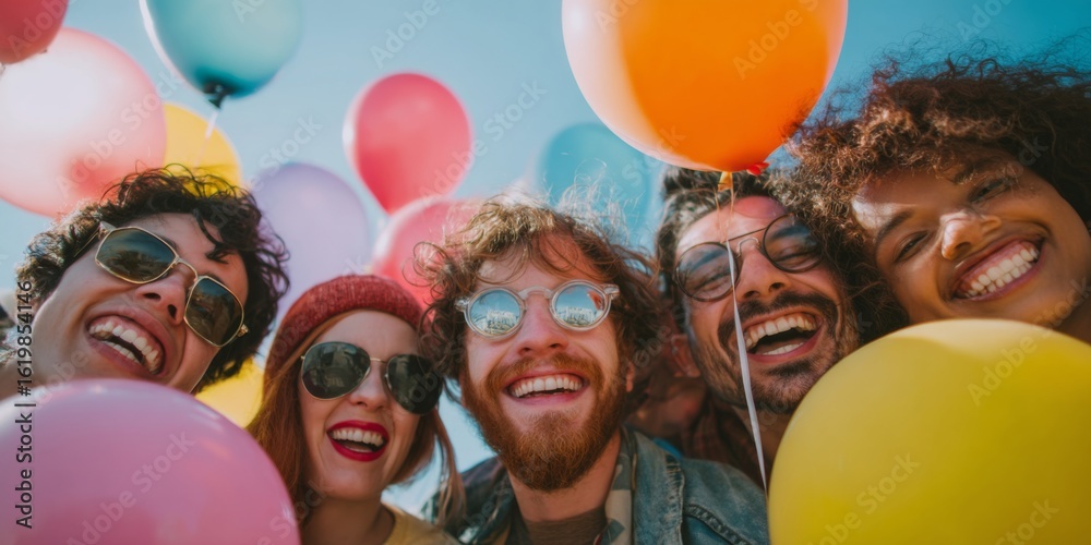 Obraz premium Group of joyful friends enjoying a sunny day outdoors with colorful balloons, smiling widely and celebrating life together in a vibrant atmosphere