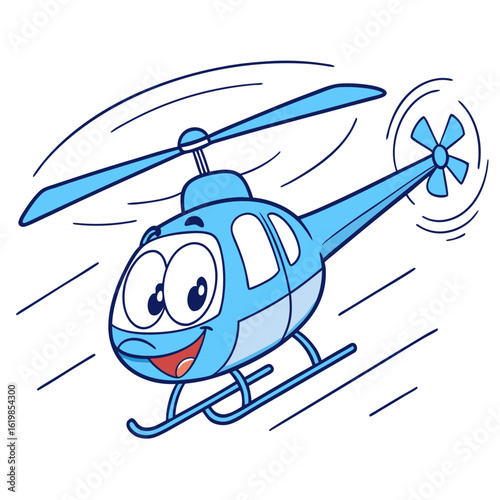 Cute cartoon blue helicopter flying with a happy face and spinning rotor blades