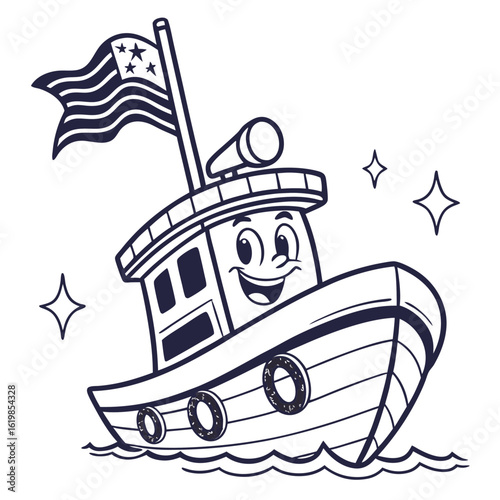 Happy cartoon tugboat with american flag sailing on the water