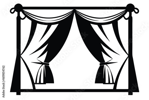 Black Silhouette of Elegant Curtains with Ties in a Minimalist Square Frame