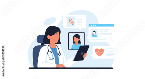 A female doctor in a white coat sits and consults with a patient online using a tablet, surrounded by medical information and a video call.