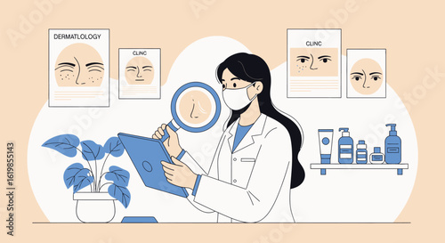 A dermatologist in a white coat and mask examines a digital tablet with a magnifying glass in her clinic, surrounded by dermatology posters.