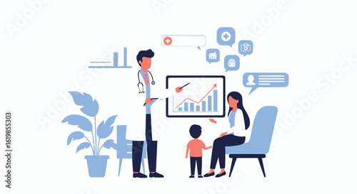 Doctor consulting with a mother and child, reviewing a data chart, surrounded by medical icons and a plant, in a clean, modern illustration.