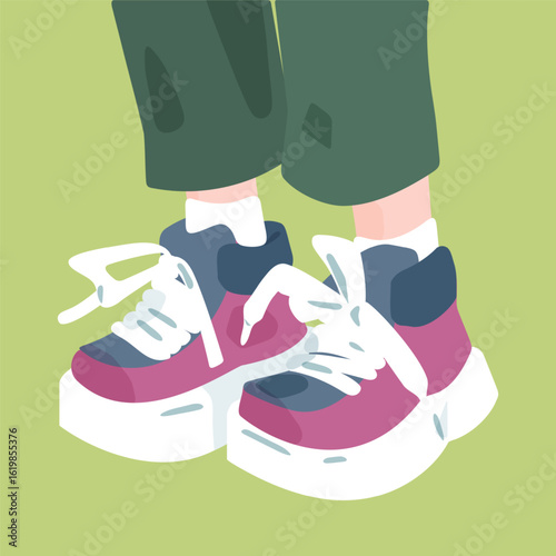 Platform Sneakers with Laces Illustration. Stylish cartoon shoes in pink and white with chunky soles and loose laces, worn with green pants. Trendy youth footwear design.