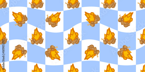 Seamless Campfire Wood Flame Pattern. Burning campfire logs with bright flames on checkered blue and white background. Flat seamless cartoon pattern with warm outdoor feel.