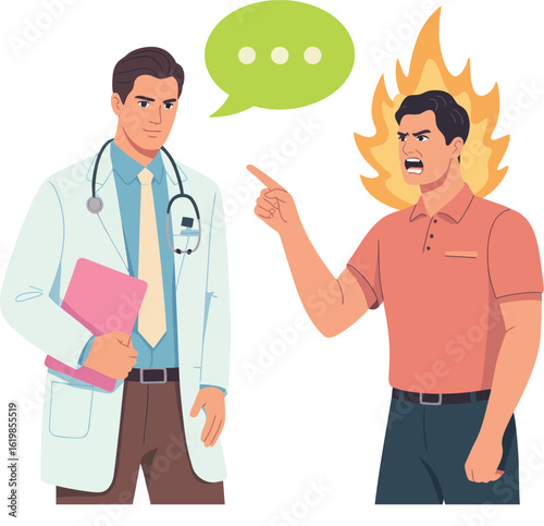 A doctor with a stethoscope and a pink folder facing an angry man with flames behind his head