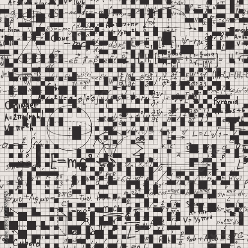 Seamless pattern with crosswords and handwritten text, formulas and math tasks. Education, learning theme. Physics, geometry. Fabric, wallpaper, paper. Book page, magazine. No ai