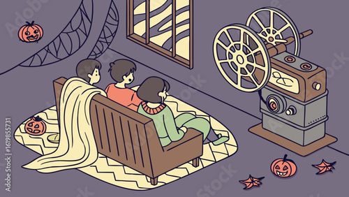 Cozy halloween movie night three friends gather on a couch under a blanket watching an old film projector with festive pumpkins and spiderwebs decorating the room
