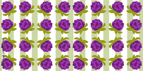 Seamless Purple Berry Stripe Pattern. Stylized purple berries with green tops on a vertical green and white striped background. Bold cartoon seamless pattern.