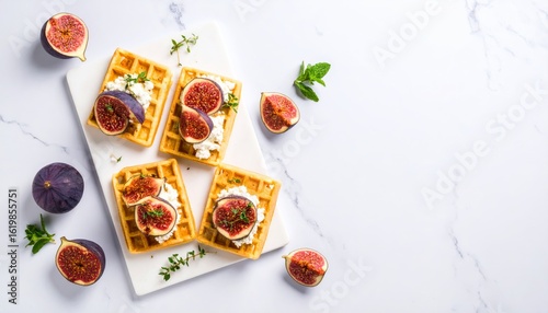 Wallpaper Mural Waffles topping with cream and figs on marble background Torontodigital.ca