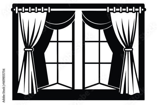 Black and White Window with Curtains Graphic Design Element Illustration