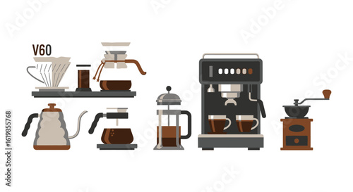 Illustration of various coffee brewing methods including pour-over, French press, espresso machine, and grinder, arranged on a white background.