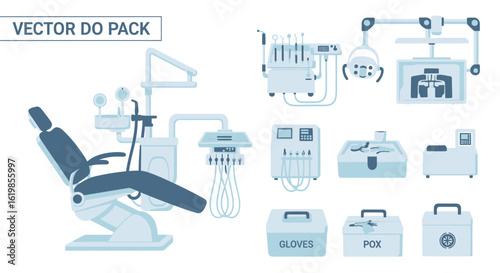 Illustration depicting various dental equipment including a chair, instruments, operating light, and storage boxes in a clean, minimalist style.
